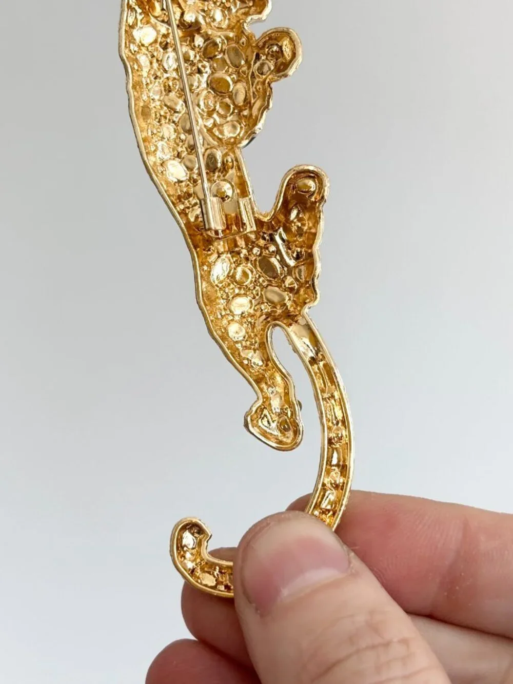 Climbling Leopard Figural Gold Toned Black Rhinestone Vintage Insp Brooch Pin